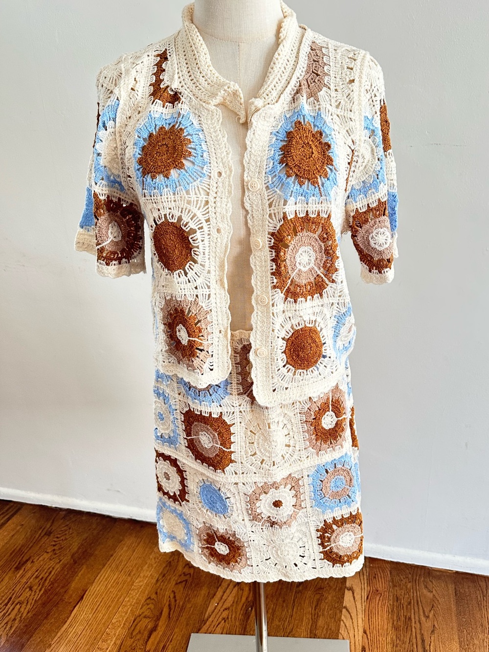 Crochet Two Piece Set Cream Brown Blue Boho Festival Skirt Set L/XL